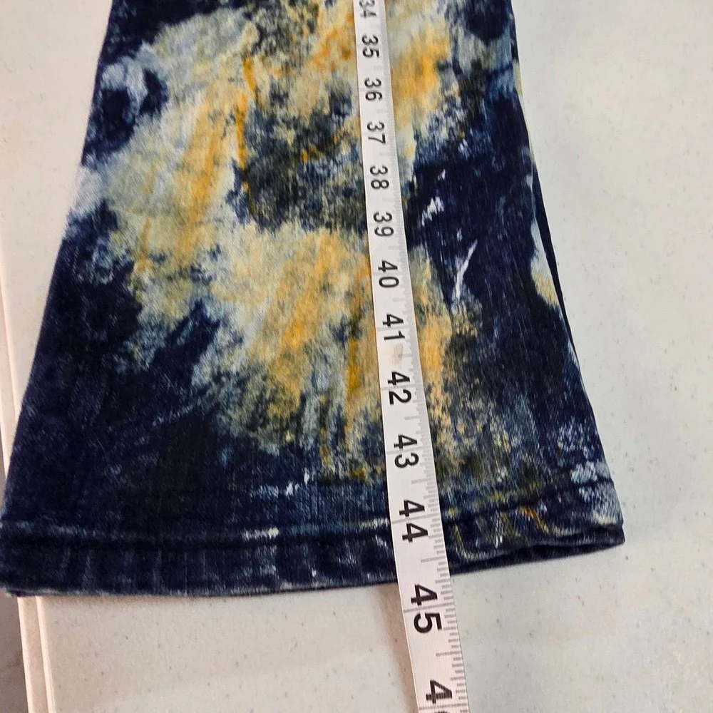 Krome New York Mens 42x32 Moto Biker Jean Acid Wash Distressed Blue Yellow Splat